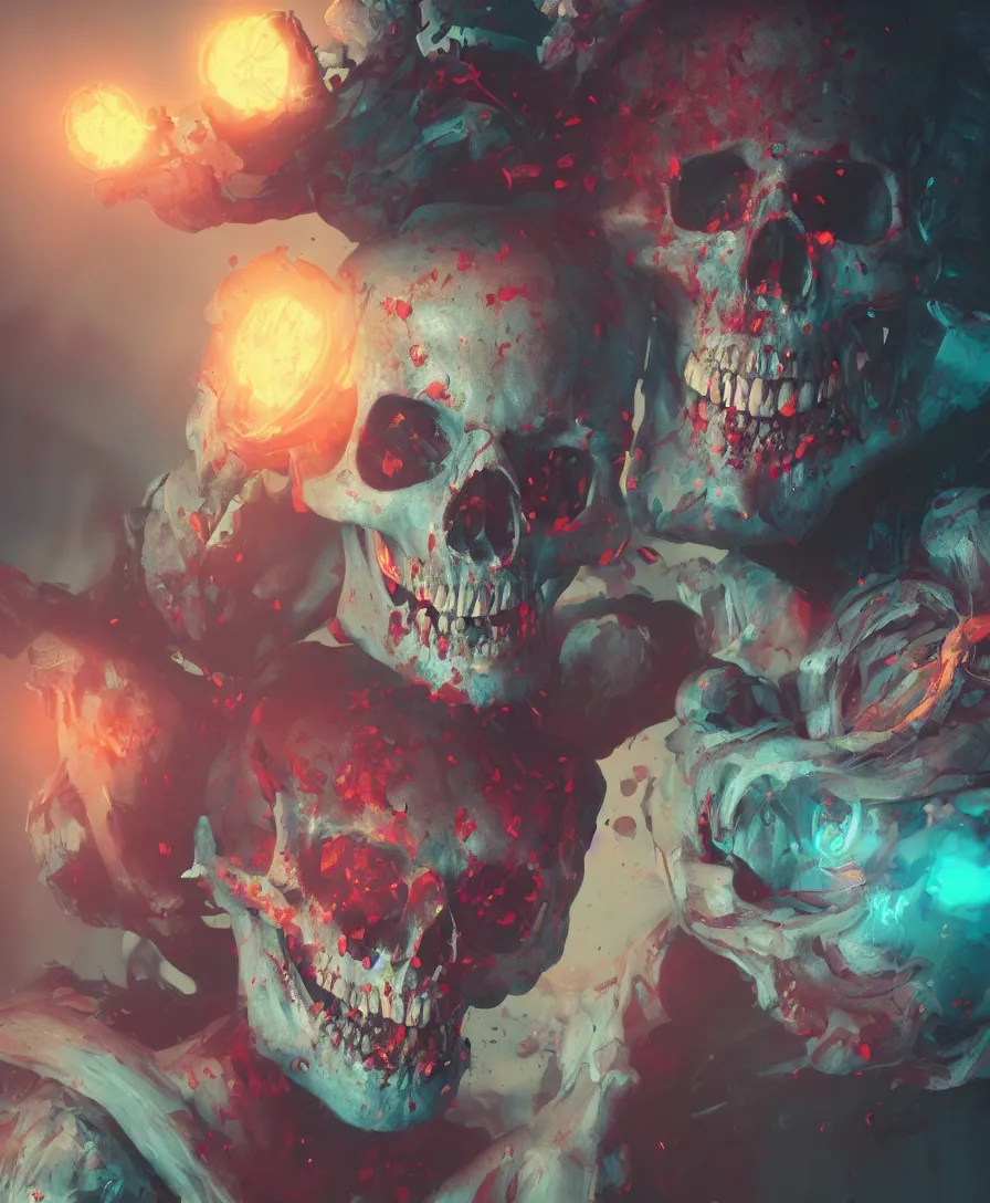 Prompt: skull clown, cinematic lighting, 8k, artstation, octane render, cinematic, hyper realism, 8k, depth of field, art by Tooth Wu and wlop and beeple and dan mumford and greg rutkowski, artstation, concept art, illustration, vibrant colors