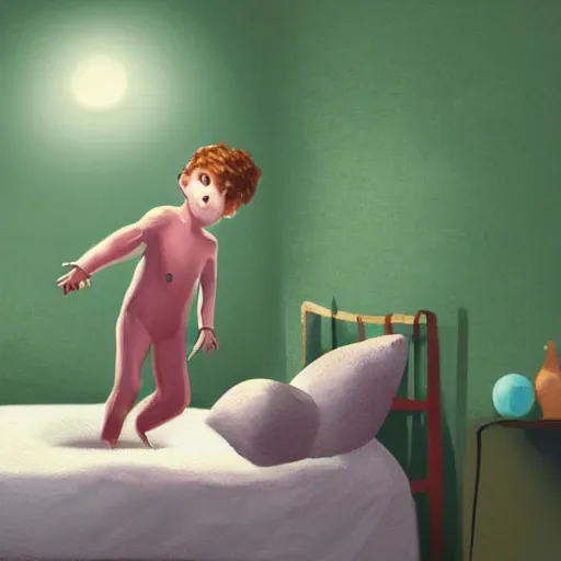 Image similar to painting of small green glowing orb is floating in front of a fourteen year old boy with auburn hair, wearing pajama, standing in a dark bedroom room, profile view, a look of surprise on his face, concept art, un made bed, piles of clothes on the floor, high detail dramatic lighting, samma van klaarbergen,