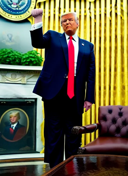 Image similar to donald trump showing fist in oval office, backround dark, highly detailed, digital illustration, trending in artstation, modern painting, smooth, sharp focus, intricate, einar jonsson, ilya repin