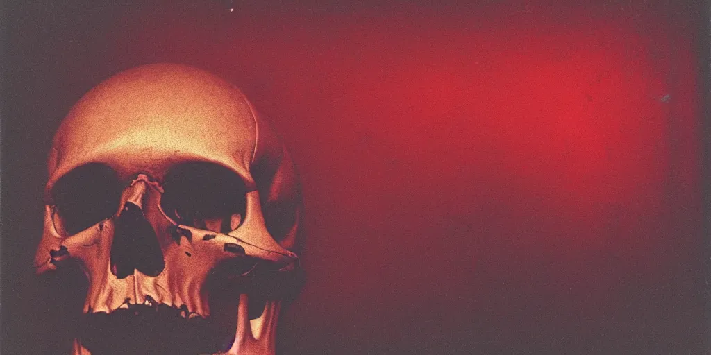 Prompt: analog vintage photography portrait polaroid of a chrome human skull, red color bleed, heavy film grain, bloom, glow