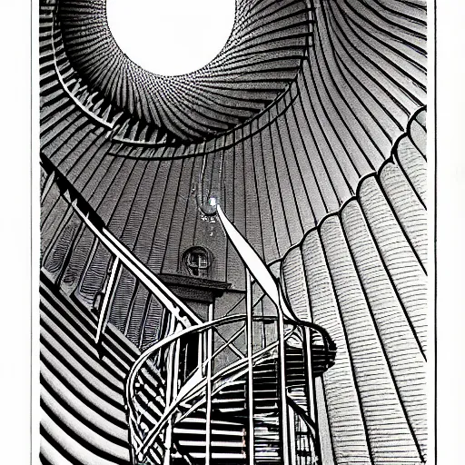 Image similar to big spiral stairways, inhabited on many levels, there are many doors, flying birds, by jean giraud, shining light, strong perspective, clear geometry, architecture, Award winning. Masterpiece, detailed illustration