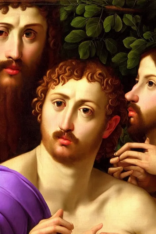 Prompt: renaissance painting of men, portrait, gossip face closeup, emotions closeup, dressed in roman clothes, the beautiful garden with lavender bush everywhere, ultra detailed, art by guido reni style, vincenzo catena style