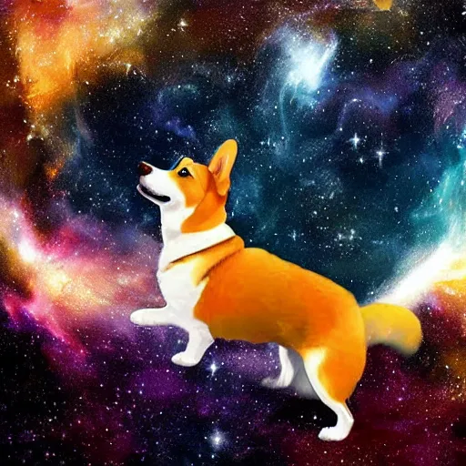 Prompt: a beautiful digital painting of a corgi cosmonaut floating in space, stars, nebula, cosmic, expansive, highly detailed