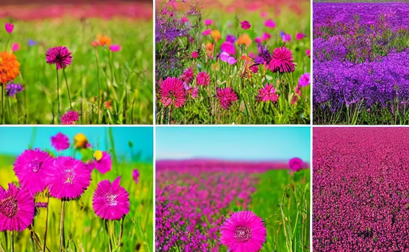 Prompt: scrapbook photos of fields full of flowers