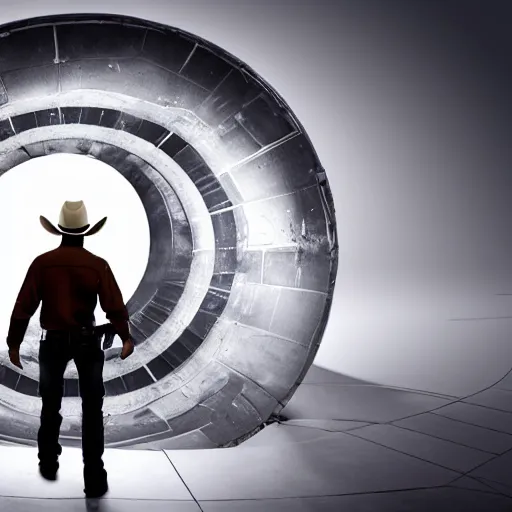 Prompt: a cowboy walking through a futuristic portal