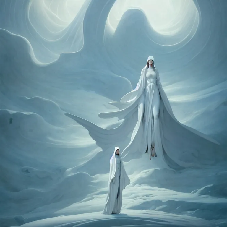 Prompt: one lone singular swirling otherworldly angelic figure shrouded in cerulean robes emerges from extensive barren white dunescape, matte painting by peter mohrbacher and filip hodas, background basilica! sacre coeur, godrays, high contrast, highly detailed, a