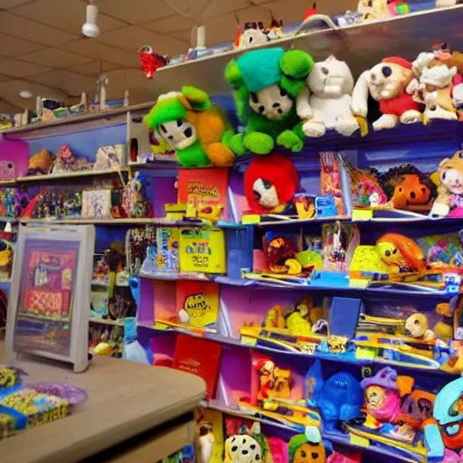 Prompt: some possum toys on the shelf of a toy shop