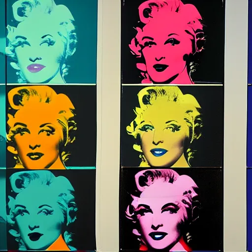 Prompt: person, woman, man, camera, t. v., five panels, andy warhol,