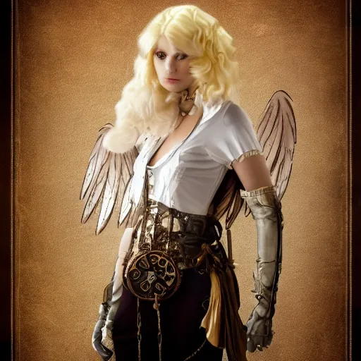 Image similar to pretty blond steampunk angel, 8 k, shallow depth of field, 8 k, ultra high detail, concept art,