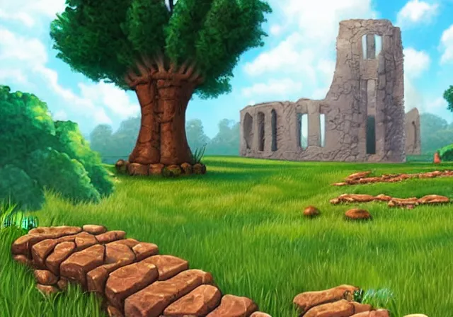 Prompt: empty grass field with the ruins of a stone well, at midday, from a point and click 2 d graphic adventure game, art inspired by thomas kinkade, king's quest, sierra entertainment games