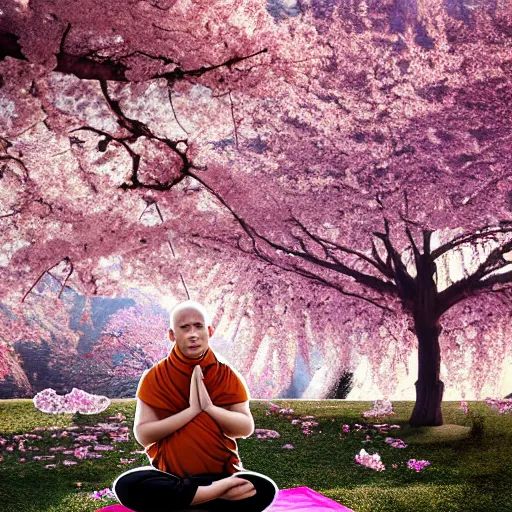 Image similar to a monk practicing yoga in front of a tibetean monastery on top of a mountain, under a cherry blossom tree, steampunk, detailed digital art