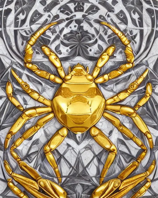Prompt: symmetry, white marble bas relief sculpture with gold kintsugi, abstract patterns, feminine shapes, crabs, spiders, scorpions, tarantulas, stunning, highly detailed, intricately detailed, art nuevo, octane, 8 k, hdr, art by hr geiger and ridley scott and alphonse mucha, trending on artstation