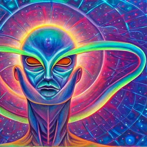 Prompt: painting of a tranquil alien looking up at sky in dense foggy forest by Alex Grey, acrylic art, ethereal, soothing, somber, elegant, warm light, cozy, glows,