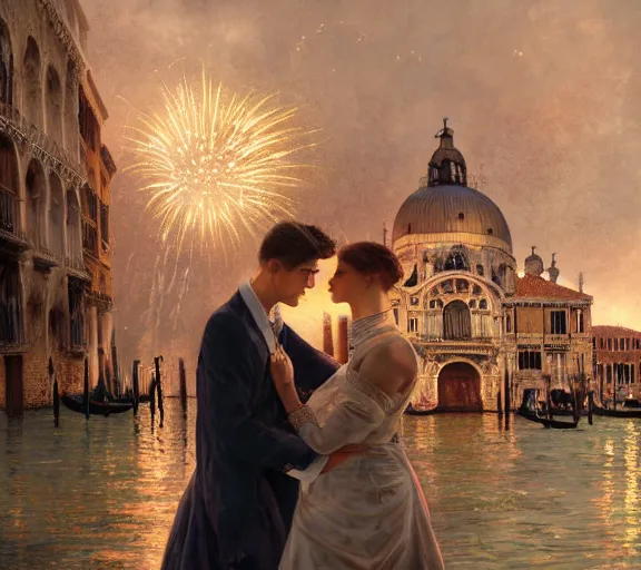 Image similar to photography of a 1 8 th couple in venice with fireworks, deep focus, intricate, elegant, highly detailed, digital painting, artstation, concept art, matte, sharp focus, illustration, art by artgerm and greg rutkowski and alphonse mucha and gil elvgren