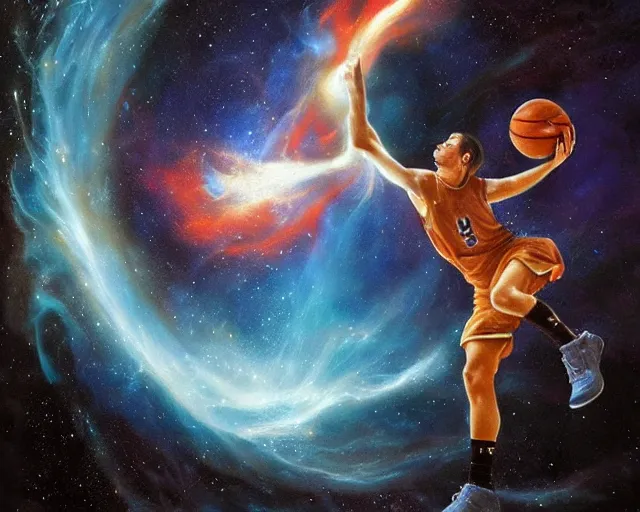 Prompt: cosmic basketball player dunking a basketball hoop in a nebula, an oil painting, by ( leonardo da vinci ) and greg rutkowski and rafal olbinski ross tran award - winning magazine cover