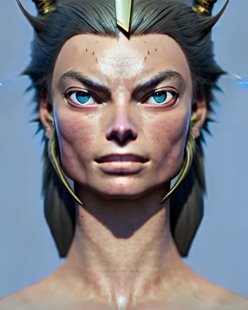 Image similar to azctec warrior, ( margot robbie ), detailed perfect face, exquisite details, fire magic, mid view, design on a white background, by studio muti, greg rutkowski makoto shinkai takashi takeuchi studio ghibli