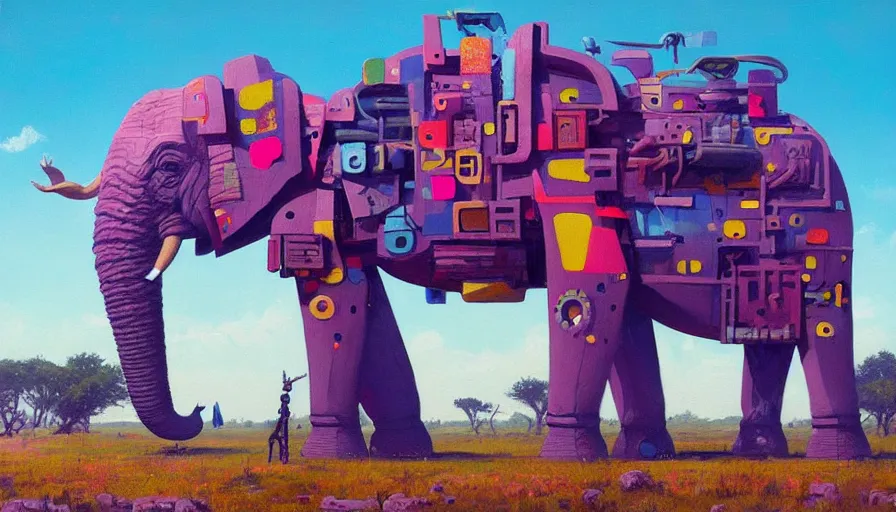 Image similar to an intricate oil painting of a giant south african armored elephant shaped scrap metal mecha by simon stalenhag, pink, yellow and cyan paint decals