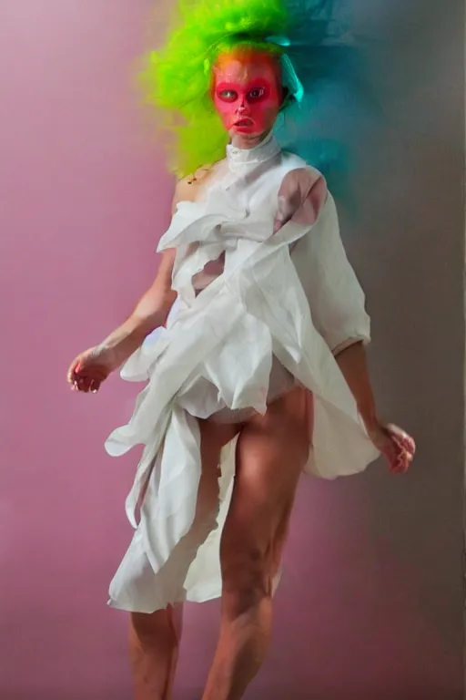 Prompt: a character wearing a white costume, with fluo colored details, muted colors, vivienne westwood, satoshi con, hyper real painting