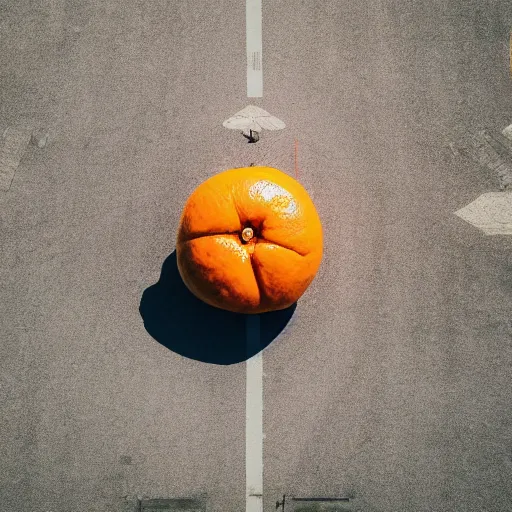 Prompt: A car in the format of an orange fruit, riding in a italian coastal town highway. Aerial view, award winning photography, 8k