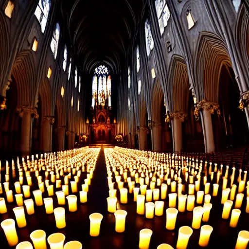 Prompt: symmetry!!! thousands of candles in a german cathedral at night, symmetry!!, candles are the main light source, warm light on walls, ultra wide angle, large format, big candles in foreground, low camera position, amazing professional picture, light halos, stylized, 8 k