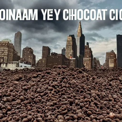 Image similar to tsunami of liquid chocolate on new york, post apocalyptic, cinematic