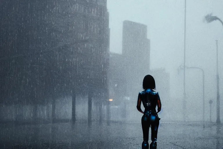 Image similar to vfx marvel sci-fi woman black super hero robot photo real full body action pose closeup, city street cinematic lighting, rain and fog by Emmanuel Lubezki