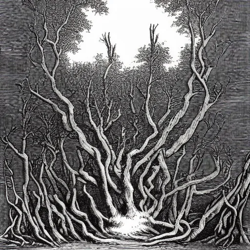 Image similar to An evil bog, full of trees with faces. Gustave Dore. Woodcut. Black and White.