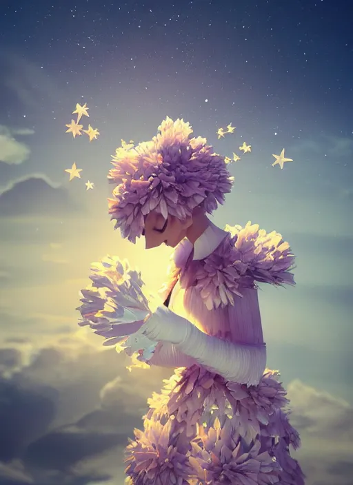 Image similar to background edge of space with puffy clouds are dusk, anthropomorphic paper woman wrapped in a flowing couture tissue paper, paper chrysanthemums, many origami stars, eery light, 3 d, very detailed, octane render, trending artstation, artgem