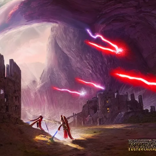 Prompt: a duel between 2 jedis standing in the ruins of crux prime, destroyed monastery, purple fiery maelstrom in the distance, digital art, artstationhq