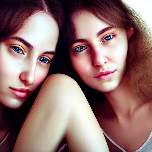 Image similar to intricate beautiful hyperreal portrait of identical twin women, smiling softly, casual clothes, relaxing on the couch, home interior, golden hour, close up shot, 8 k, art by irakli nadar, hyperrealism, hyperdetailed, ultra realistic