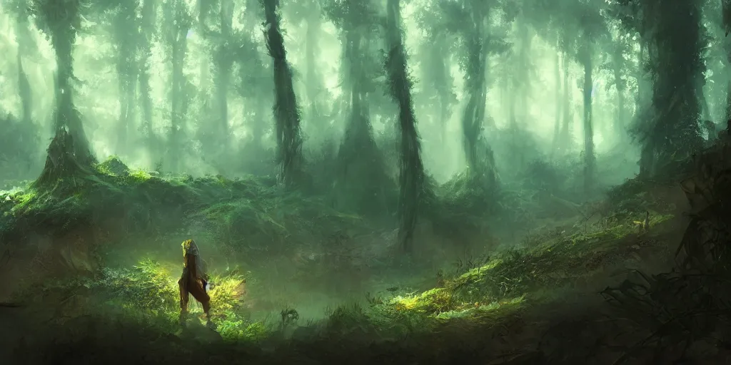 Image similar to forest people hunting in futuristic spiritual mystical post apocalyptic forest from snail on the slope, dim painterly volumetric aquatic lighting, beautiful, crisp, artstation, highly detailed