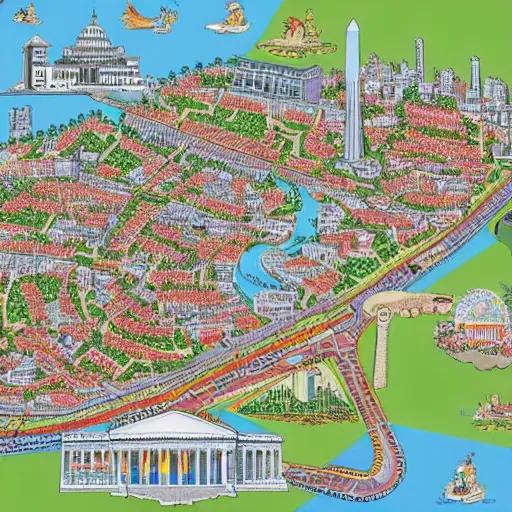 Image similar to highly detailed map of Washington D.c., intricate, hyperdetailed, in the style of busytown