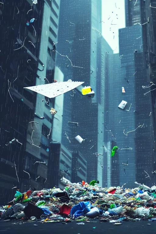 Image similar to trash falling from the sky, cyberpunk