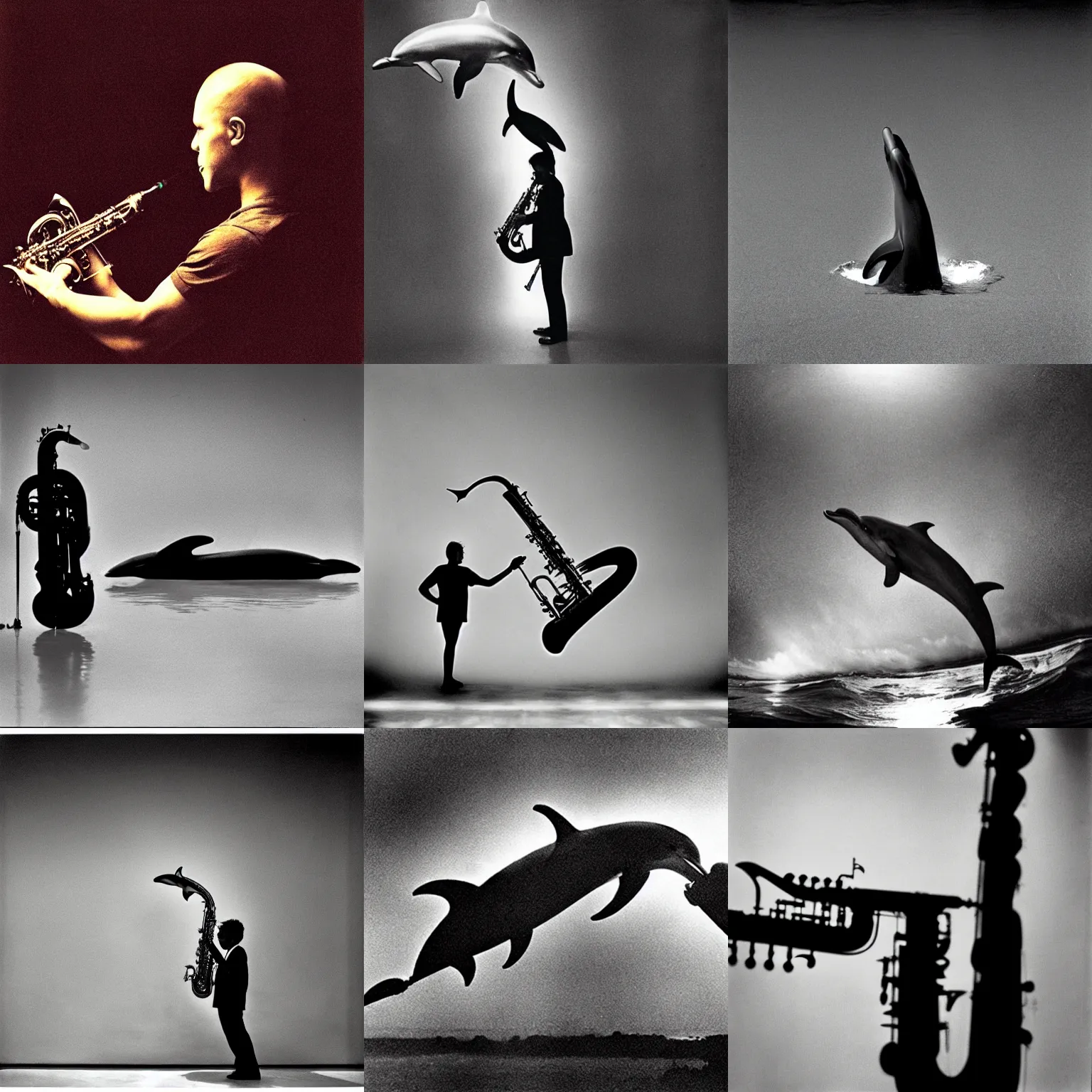 Prompt: Dolphin with saxophone by Trent Parke, clean, detailed, high contrast, Magnum photos