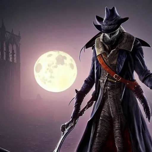 Image similar to an ultradetailed animation of the hunter from bloodborne dressed as darkwing duck, let's get dangerous, in the style animation of darkwing duck, digital art, dark fantasy, concept art, soulslike, by alphonse mucha, blood moon eclipse, wherewolves in a ruined building in the background, artstation, 8 k, unreal engine render