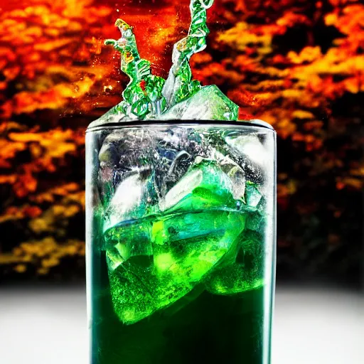 Image similar to a closeup photorealistic photograph of a rock tower with some leaves, fantastic four theme. icy colorful drink. bright scene. fine detail. this 4 k hd image is trending on artstation, featured on behance, well - rendered, extra crisp, features intricate detail, epic composition and the style of unreal engine.