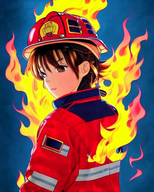 Prompt: fireman, cool pose, fire jacket, helmet, covered in beautiful flames!!! | | very very anime!!!, beautiful fine - face, audrey plaza, realistic shaded perfect face, fine details. anime. realistic shaded lighting poster by ilya kuvshinov katsuhiro otomo ghost - in - the - shell, magali villeneuve, artgerm