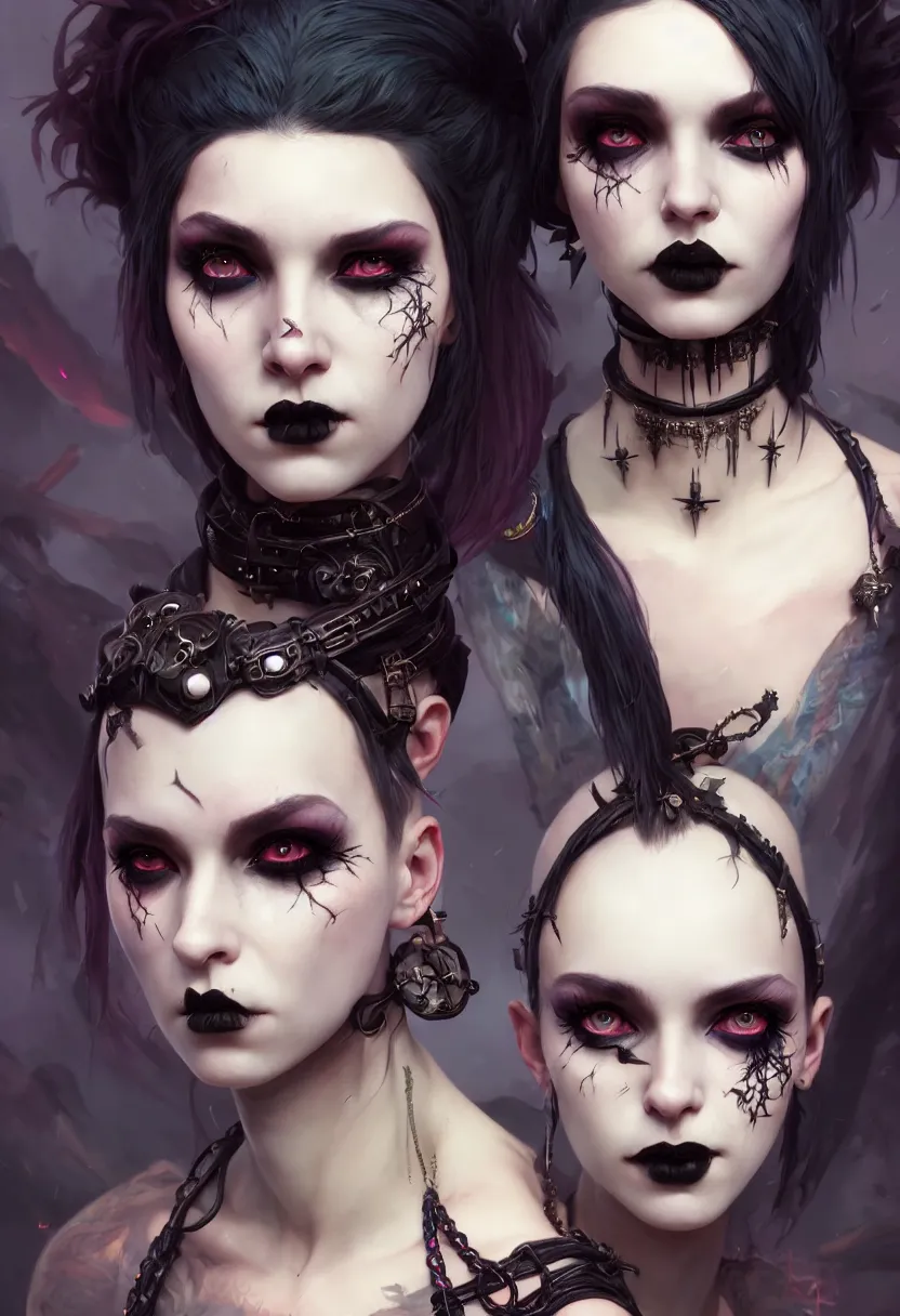 Image similar to beautiful very extreme closeup portrait, goth girl, piercings collar, mohawk hairstyle, medieval dress. witch, makeup. unreal engine, greg rutkowski, loish, rhads, beeple, tom bagshaw, alphonse mucha, global illumination, detailed and intricate environment