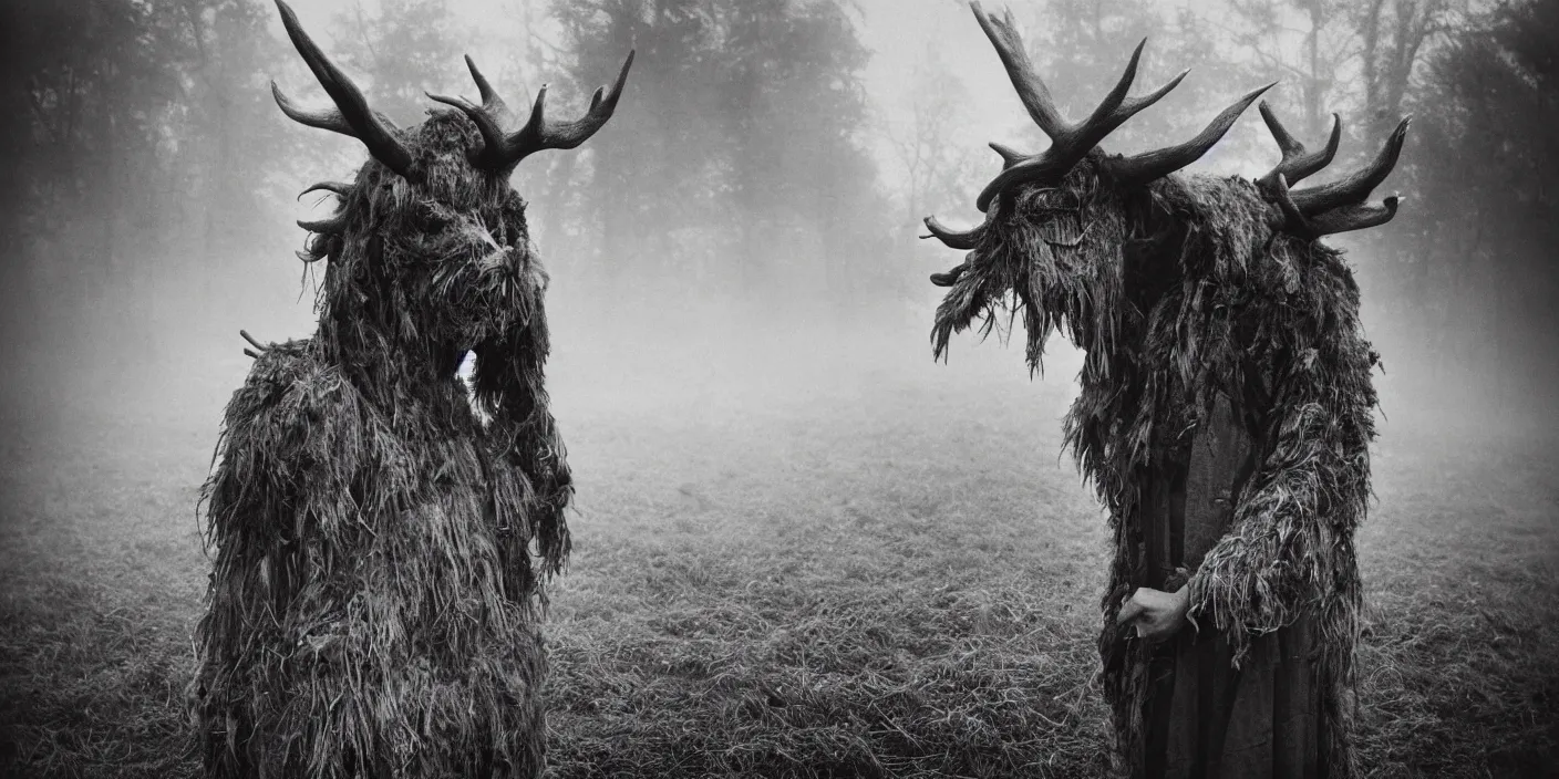 Prompt: portrait photography of tyrolean farmer wearing big dragon costume, great maw, antlers on head, fog, clothes made from hay, desaturated, fog, dark, eerie, 1 9 2 0 s ghost photography