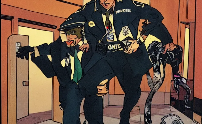 Image similar to a police officer leading a raccoon into the police station by howard chaykin