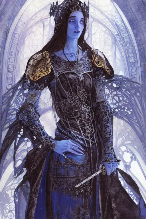 Image similar to beautiful luxury and gothic and victorian and evil medieval female blue & white color armor knight portrait+smoky eyes+light flowing hair, in ruin gothic cathedral, ultradetail face, art and illustration by tian zi and craig mullins and WLOP and alphonse mucha, fantasy, intricate complexity, human structure, fantasy world concept, watermark, blurry, hyperrealism 8k