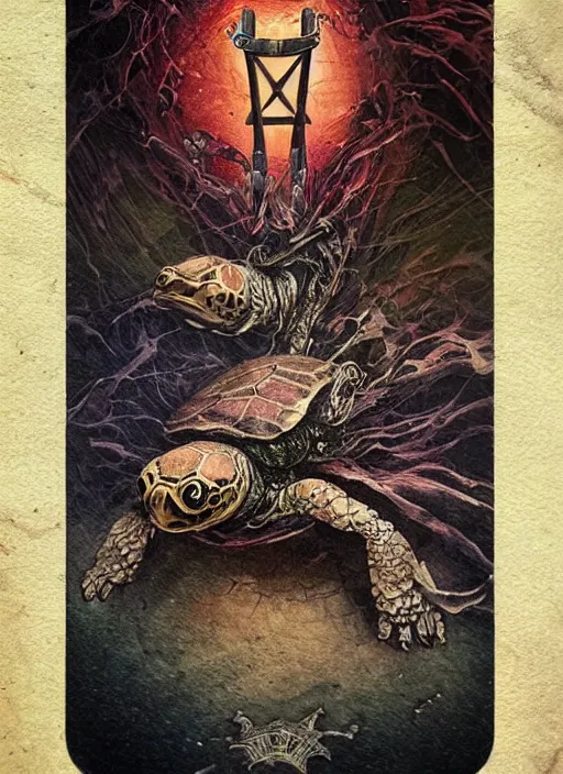 Image similar to the mock turtle, death tarot card, highly detailed, cinematic, 8 k, by megan duncanson, benjamin lacombe, adrian borda, stanley artgermm, tom bagshaw, craig mullins, carne griffiths, ayami kojima, beksinski, giger, trending on deviantart, hyper detailed, horror, full of colour