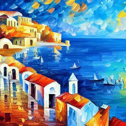 Prompt: beautiful seaside greek village in the style of leonid afremov