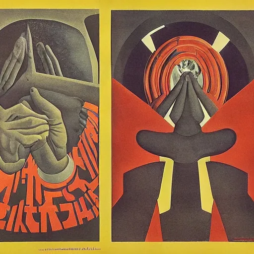 Image similar to the eyeless see all, soviet-style propaganda poster, by Hannah Hoch, by M.C. Escher, by Vladimir very detailed and colorful, beautiful, eerie, surreal, psychedelic