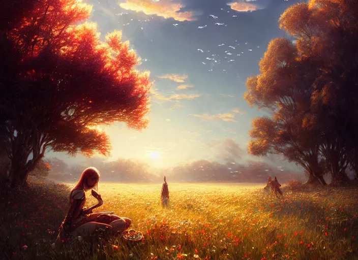 Prompt: detailed intricate digital illustration by greg rutkowski and artgerm and wlop and sanford robinson gifford ; beautiful meadow with colorful flowers and puffy clouds in background ; 1 3 mm film, arri alfa anamorphic lens ; sharp focus, golden hour lighting, trending on artstation 4 k ; close view