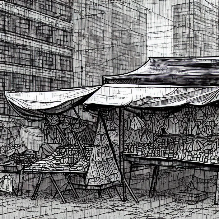 Prompt: close view of a tiny market stall. folded umbrellas for sale on the stall. set in a square. background of an old soviet monument. storyboard, scifi cyberpunk. by gabriel hardman, joe alves, chris bonura. cinematic atmosphere, detailed and intricate, perfect anatomy