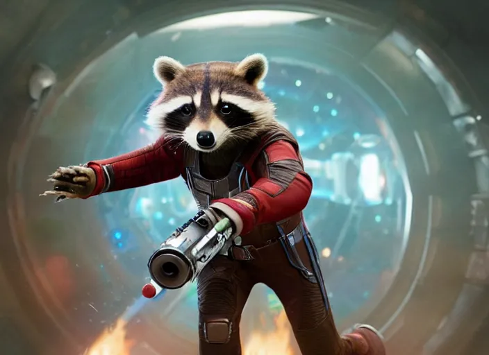 Prompt: film still of Rocket Racoon roller goes bowling in the new Guardians of the Galaxy movie, 4k