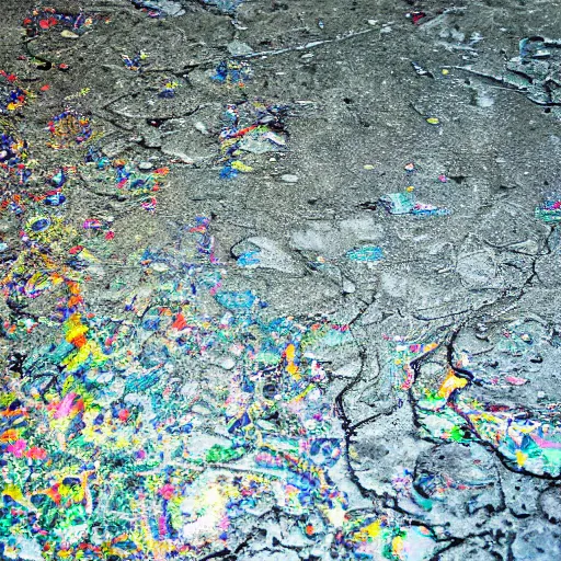 Prompt: prismatic, poisoned tears, falling too the oil - streaked concrete
