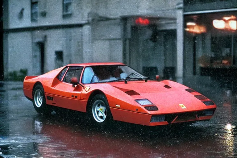 Image similar to 1982 photograph of a single Ferrari GTO, raining, wet and reflective, movie still, cinematic Eastman 5384 film