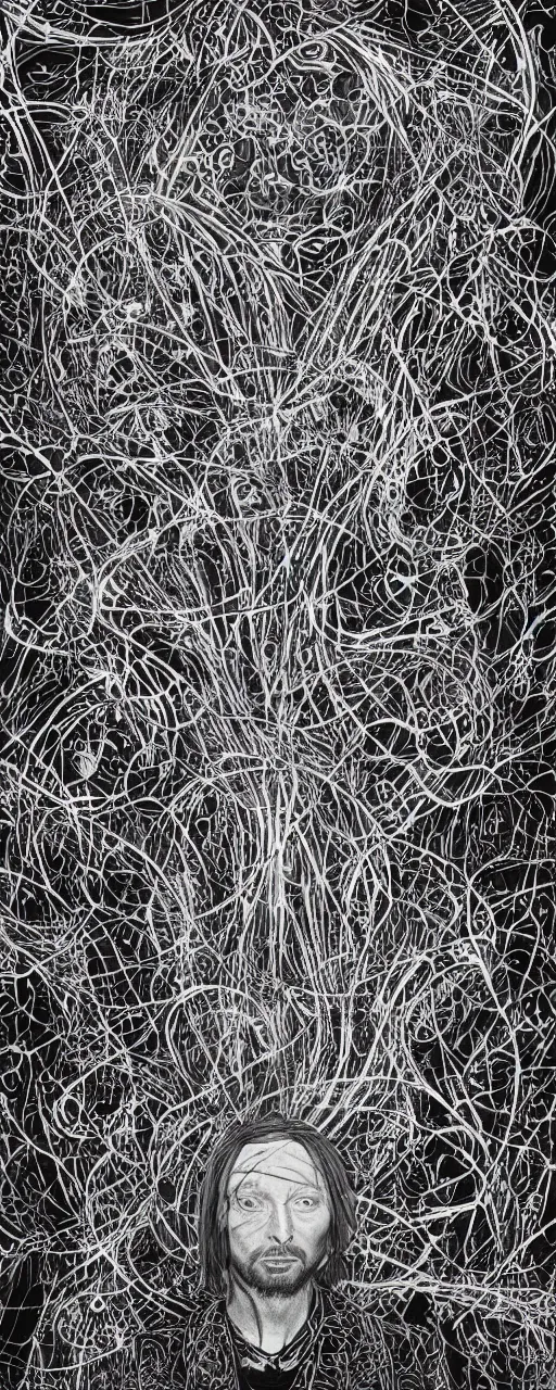 Image similar to disco diffusion portrait of Thom Yorke, hiding in the bushes looking shifty:: cosmic tarot card, intricate fractal details, broken physics, fanciful floral mandelbulb, black paper, style of Stanley Donwood